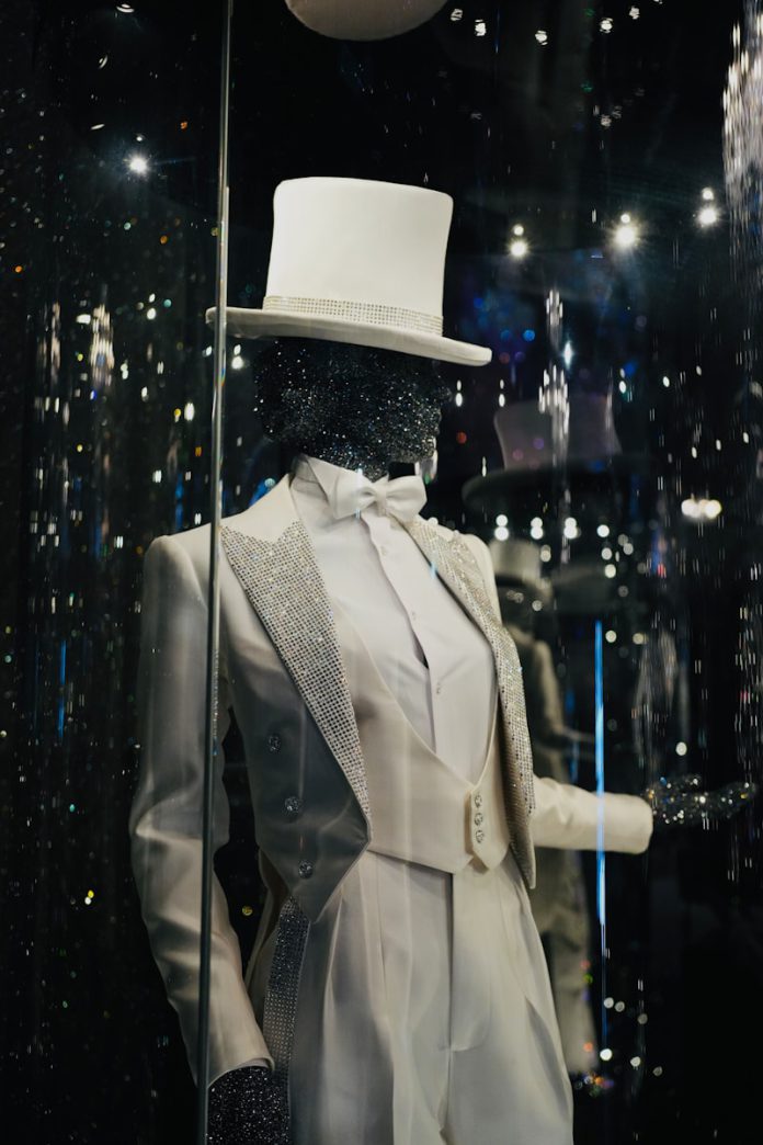 Mannequin in sparkling tuxedo and top hat